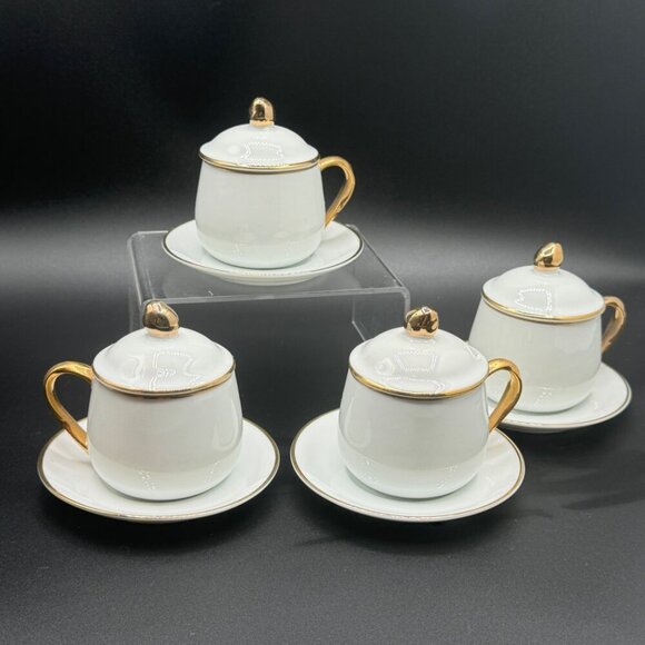 Vintage  Andrea by Sadek De Creame Demitasse Tea Cups with Lids Gold Trim - Picture 1 of 10